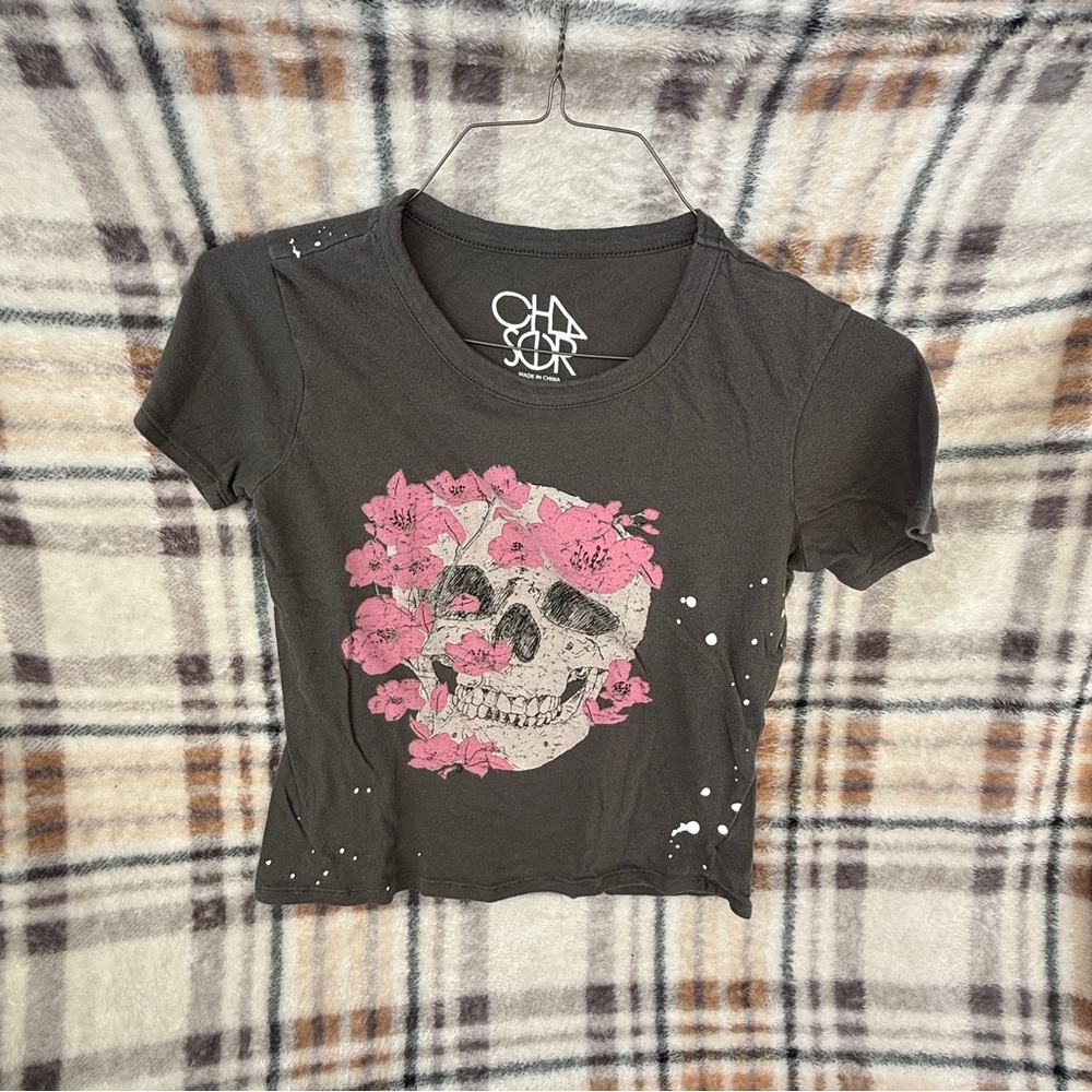 Charcoal Graphic Tee with Pink Floral Skull #108